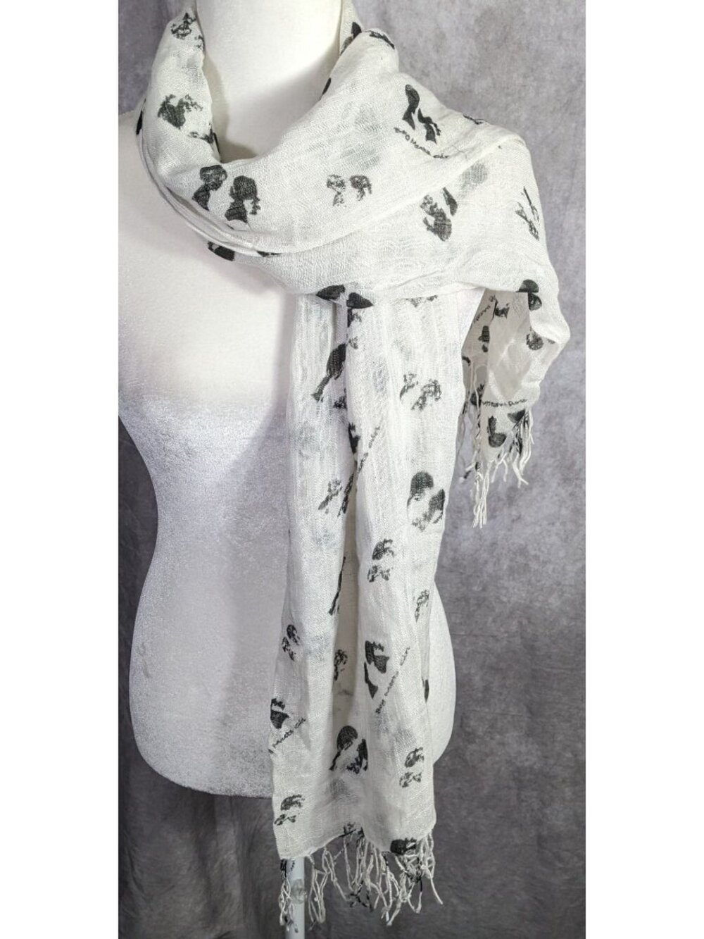 Boy Meets Girl Lightweight White Scarf With Black Silhouette Print & Fringe - Picture 8 of 8